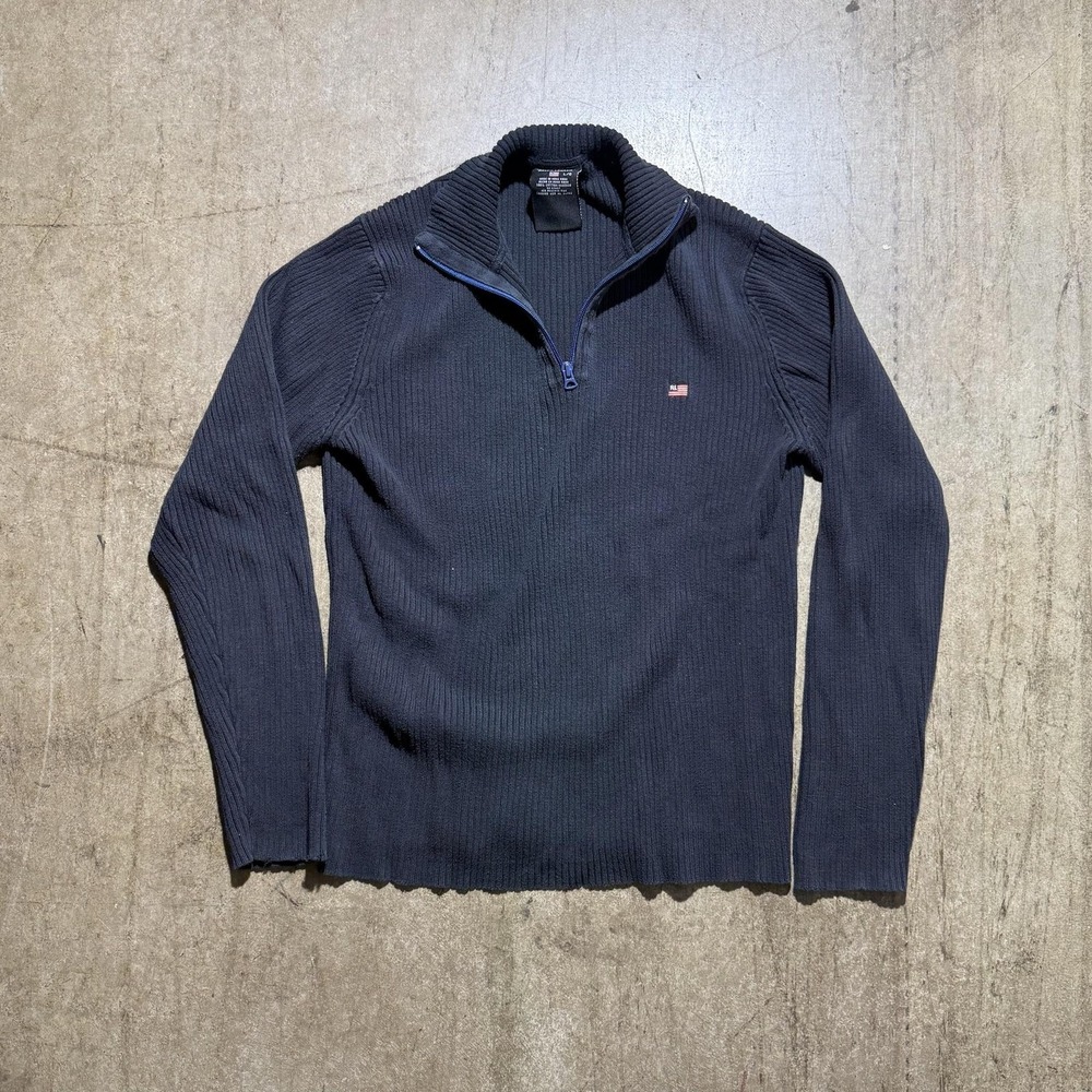 Polo Jeans Co Ralph Lauren Sweater Mens Large Blue 1/4 Zip Mock Neck Cotton